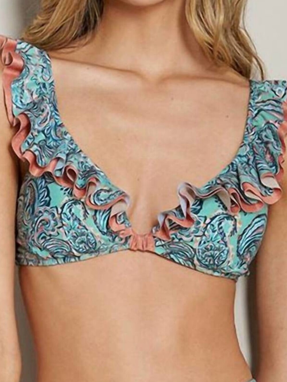 Ruffle-Trim Paisley Bikini Top - Teal & Pink Size Small Eco-friendly Luxury